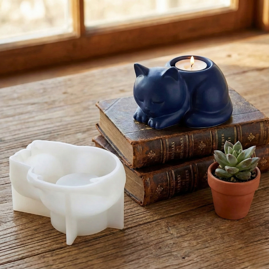 3D Cat Tealight Holder silicone mold | For Concrete | Jesmonite®️| Resin