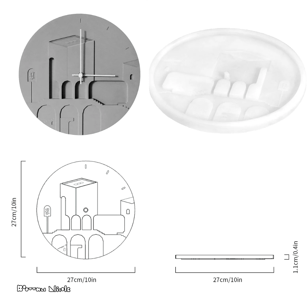 Boowan Nicole: Concrete Round Architecture Wall Clock Silicone Mold