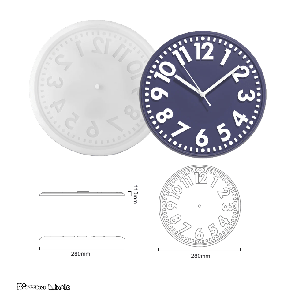 Boowan Nicole: Concrete Round Numeral Wall Clock Silicone Mold