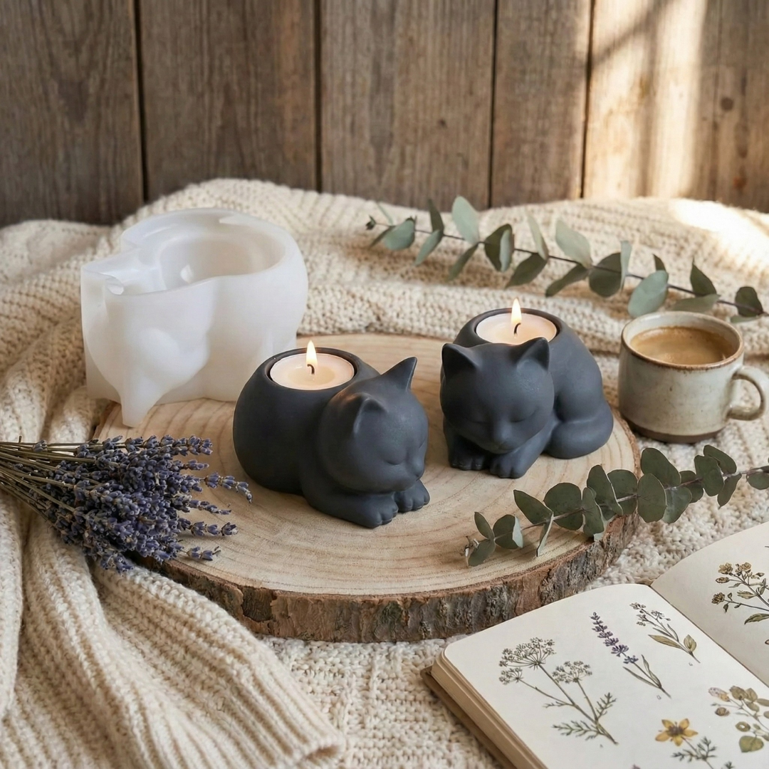 3D Cat Tealight Holder silicone mold | For Concrete | Jesmonite®️| Resin